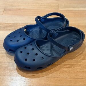 Crocs Mary Jane Flat Style 2 Strap Navy Blue Sandals Shoes Slides Women's Sz 11